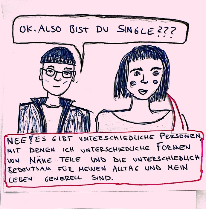 Comic Panel 1: Eine Person fragt eine andere, ob sie Single ist.